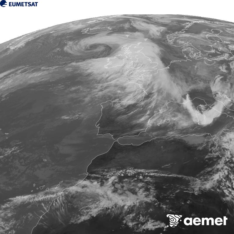 This image has been generated using data from the 10.5 �m infrared channel of the METEOSAT-12 satellite, which belongs to the third generation of Meteosat satellites (MTG). To make the image more closely resemble what the human eye sees, the greyscale has been inverted. The times shown refer to mainland Spain (one hour earlier in the Canary Islands).&nbsp;Saturday, 24 October  2026 13:00