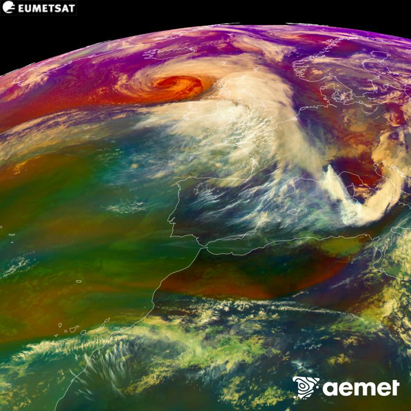 This RGB image is generated using infrared and water vapour channel data from the METEOSAT-12 satellite, which belongs to the third generation of Meteosat satellites (MTG). It gives us an idea of the characteristics of the air masses. The times shown refer to the Iberian Peninsula (one hour earlier in the Canary Islands).&nbsp;Saturday, 24 October  2026 14:00