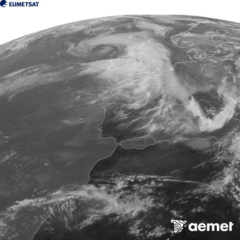 This image has been generated using data from the 10.5 �m infrared channel of the METEOSAT-12 satellite, which belongs to the third generation of Meteosat satellites (MTG). To make the image more closely resemble what the human eye sees, the greyscale has been inverted. The times shown refer to mainland Spain (one hour earlier in the Canary Islands).&nbsp;Saturday, 24 October  2026 14:00