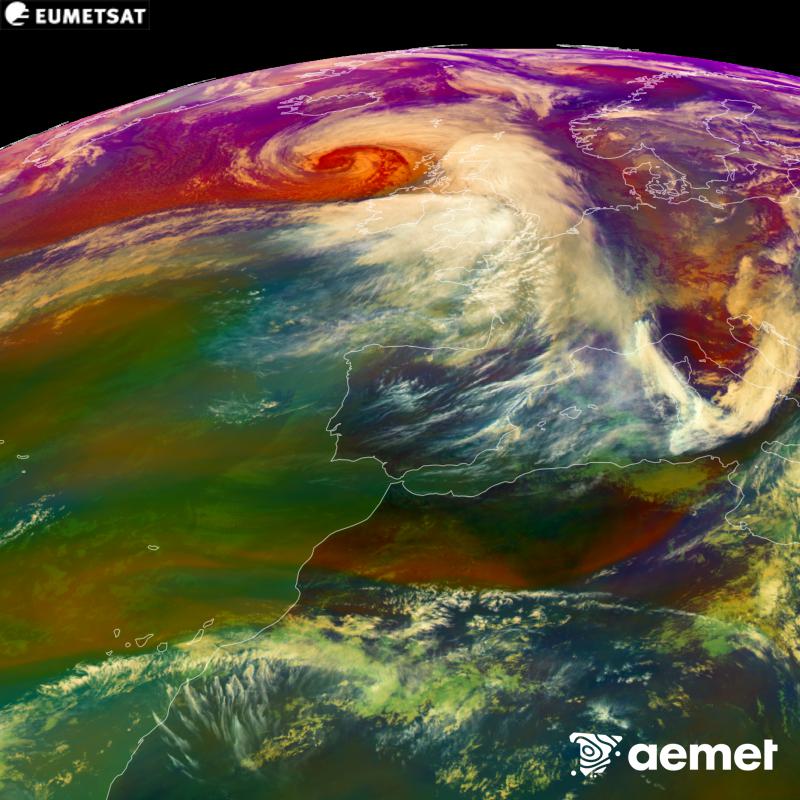 This RGB image is generated using infrared and water vapour channel data from the METEOSAT-12 satellite, which belongs to the third generation of Meteosat satellites (MTG). It gives us an idea of the characteristics of the air masses. The times shown refer to the Iberian Peninsula (one hour earlier in the Canary Islands).&nbsp;Saturday, 24 October  2026 15:00