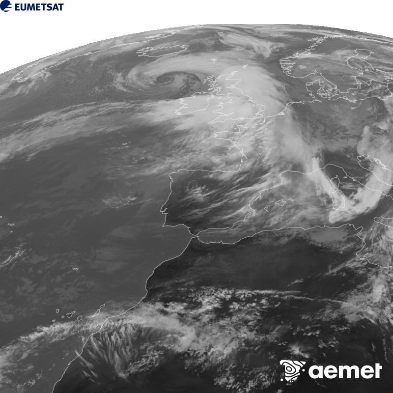 This image has been generated using data from the 10.5 �m infrared channel of the METEOSAT-12 satellite, which belongs to the third generation of Meteosat satellites (MTG). To make the image more closely resemble what the human eye sees, the greyscale has been inverted. The times shown refer to mainland Spain (one hour earlier in the Canary Islands).&nbsp;Saturday, 24 October  2026 15:00