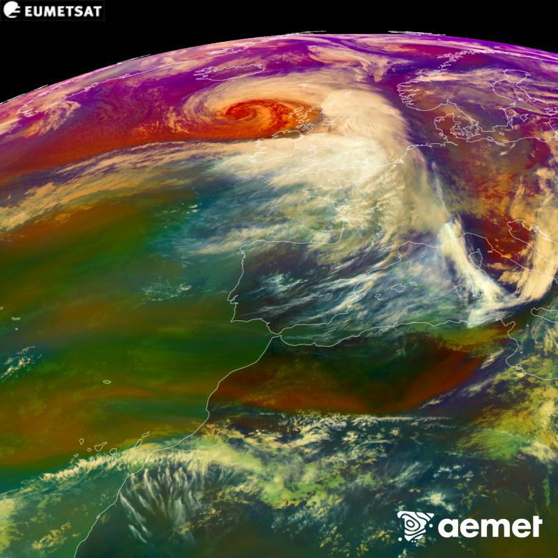 This RGB image is generated using infrared and water vapour channel data from the METEOSAT-12 satellite, which belongs to the third generation of Meteosat satellites (MTG). It gives us an idea of the characteristics of the air masses. The times shown refer to the Iberian Peninsula (one hour earlier in the Canary Islands).&nbsp;Saturday, 24 October  2026 16:00