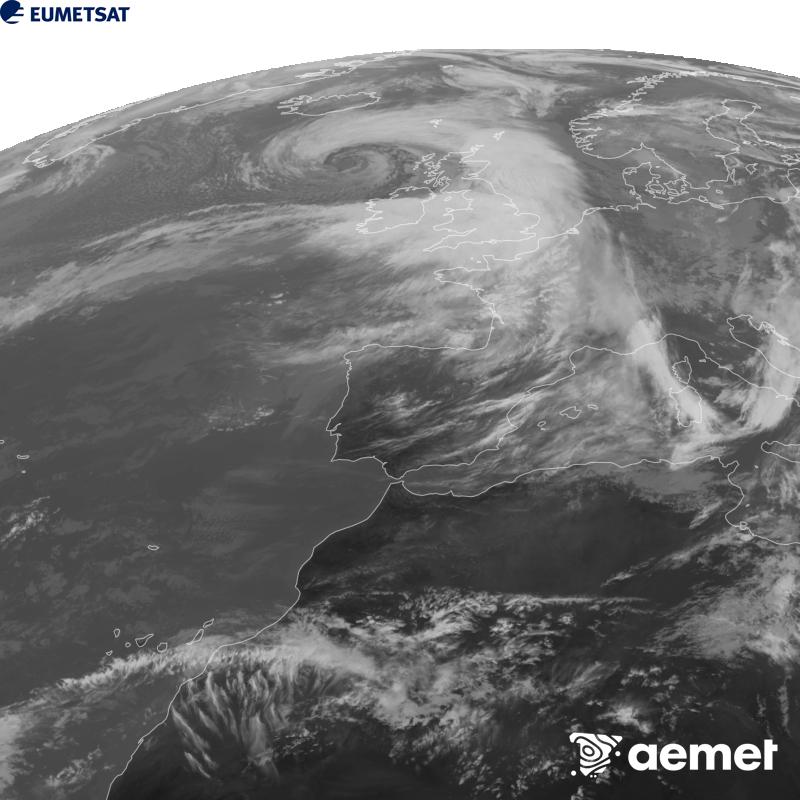 This image has been generated using data from the 10.5 �m infrared channel of the METEOSAT-12 satellite, which belongs to the third generation of Meteosat satellites (MTG). To make the image more closely resemble what the human eye sees, the greyscale has been inverted. The times shown refer to mainland Spain (one hour earlier in the Canary Islands).&nbsp;Saturday, 24 October  2026 16:00