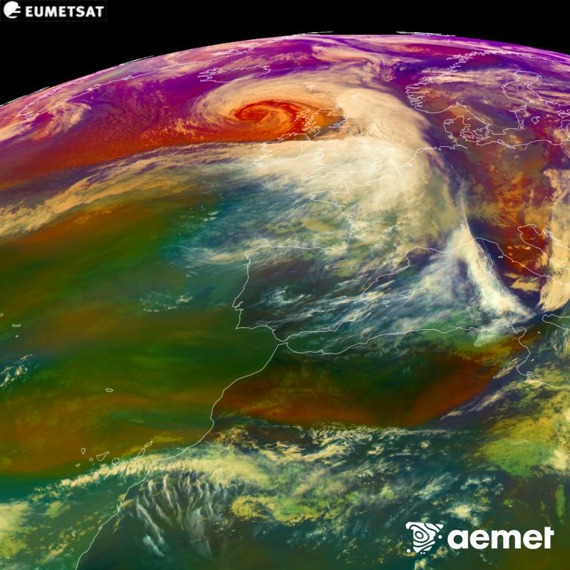This RGB image is generated using infrared and water vapour channel data from the METEOSAT-12 satellite, which belongs to the third generation of Meteosat satellites (MTG). It gives us an idea of the characteristics of the air masses. The times shown refer to the Iberian Peninsula (one hour earlier in the Canary Islands).&nbsp;Saturday, 24 October  2026 17:00
