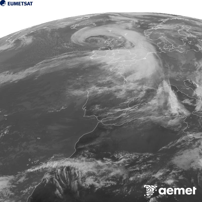 This image has been generated using data from the 10.5 �m infrared channel of the METEOSAT-12 satellite, which belongs to the third generation of Meteosat satellites (MTG). To make the image more closely resemble what the human eye sees, the greyscale has been inverted. The times shown refer to mainland Spain (one hour earlier in the Canary Islands).&nbsp;Saturday, 24 October  2026 18:00