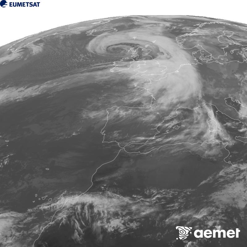 This image has been generated using data from the 10.5 �m infrared channel of the METEOSAT-12 satellite, which belongs to the third generation of Meteosat satellites (MTG). To make the image more closely resemble what the human eye sees, the greyscale has been inverted. The times shown refer to mainland Spain (one hour earlier in the Canary Islands).&nbsp;Saturday, 24 October  2026 19:00