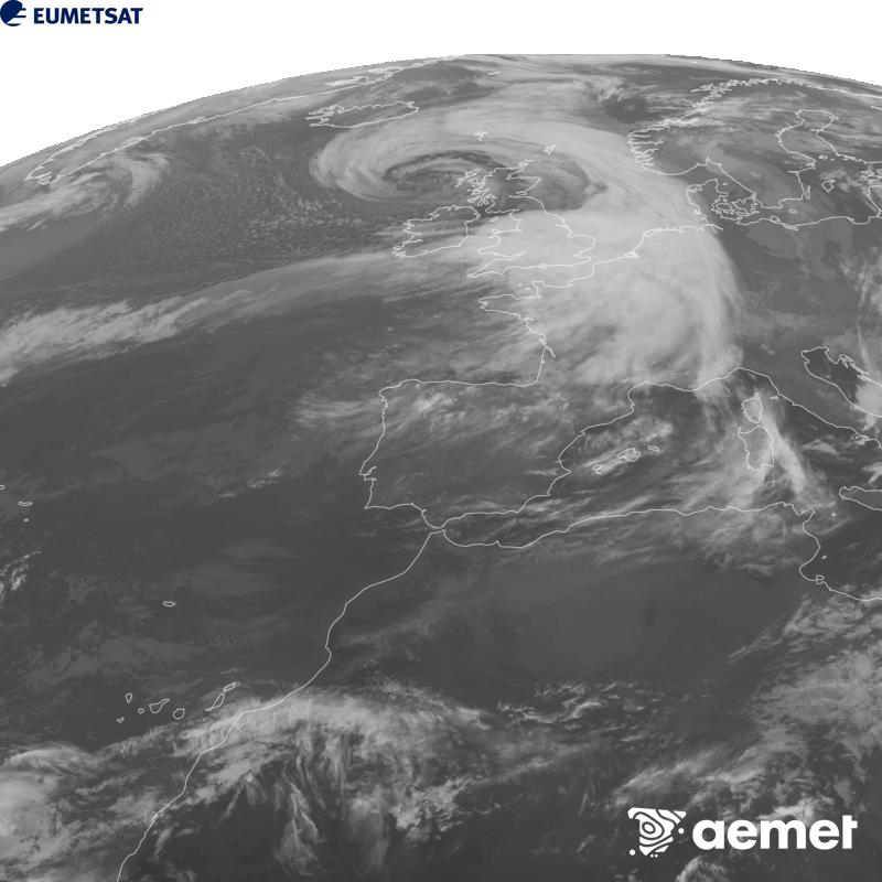 This image has been generated using data from the 10.5 �m infrared channel of the METEOSAT-12 satellite, which belongs to the third generation of Meteosat satellites (MTG). To make the image more closely resemble what the human eye sees, the greyscale has been inverted. The times shown refer to mainland Spain (one hour earlier in the Canary Islands).&nbsp;Saturday, 24 October  2026 20:00