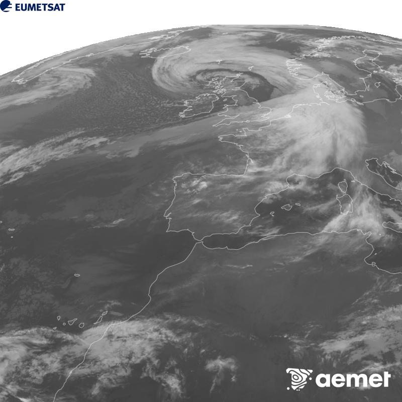Esta imagen se genera utilizando informaci�n del canal Infrarrojo 10.5 �m del sat�lite METEOSAT-12, perteneciente a la tercera generaci�n de sat�lites Meteosat (MTG). Para que la imagen se asemeje m�s a la percepci�n del ojo humano, la escala de grises est� invertida. Las horas indicadas se refieren a la pen�nsula (una hora menos en las Islas Canarias).&nbsp;domingo, 25 octubre 2026 a las 00:00