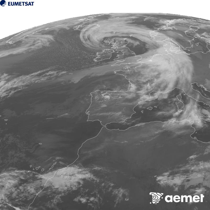 Esta imagen se genera utilizando informaci�n del canal Infrarrojo 10.5 �m del sat�lite METEOSAT-12, perteneciente a la tercera generaci�n de sat�lites Meteosat (MTG). Para que la imagen se asemeje m�s a la percepci�n del ojo humano, la escala de grises est� invertida. Las horas indicadas se refieren a la pen�nsula (una hora menos en las Islas Canarias).&nbsp;domingo, 25 octubre 2026 a las 01:00
