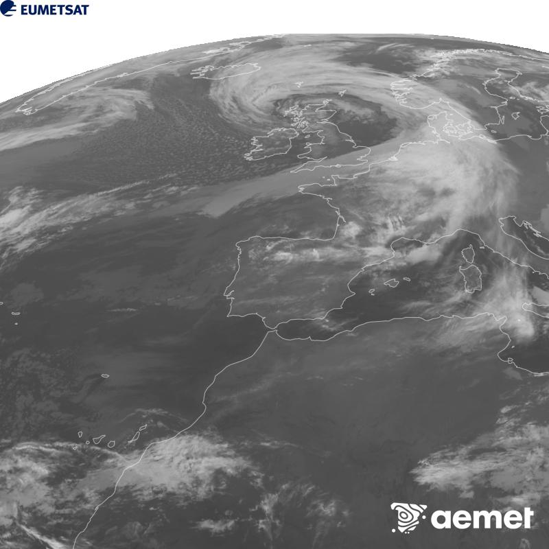 Esta imagen se genera utilizando informaci�n del canal Infrarrojo 10.5 �m del sat�lite METEOSAT-12, perteneciente a la tercera generaci�n de sat�lites Meteosat (MTG). Para que la imagen se asemeje m�s a la percepci�n del ojo humano, la escala de grises est� invertida. Las horas indicadas se refieren a la pen�nsula (una hora menos en las Islas Canarias).&nbsp;domingo, 25 octubre 2026 a las 02:00