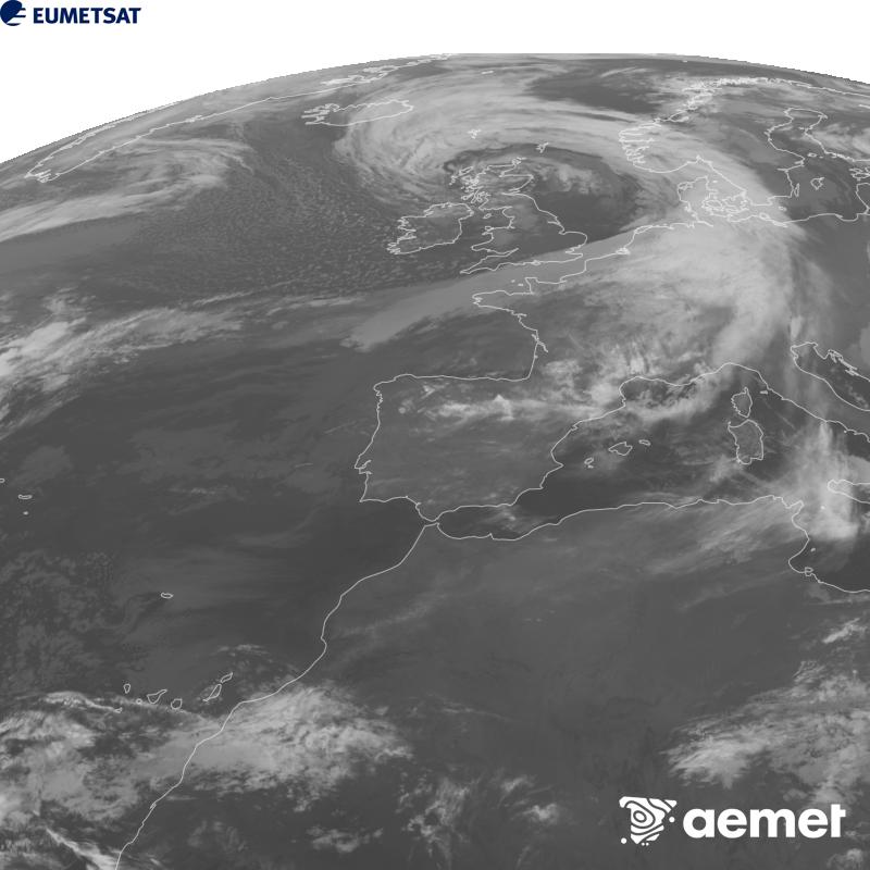 Esta imagen se genera utilizando informaci�n del canal Infrarrojo 10.5 �m del sat�lite METEOSAT-12, perteneciente a la tercera generaci�n de sat�lites Meteosat (MTG). Para que la imagen se asemeje m�s a la percepci�n del ojo humano, la escala de grises est� invertida. Las horas indicadas se refieren a la pen�nsula (una hora menos en las Islas Canarias).&nbsp;domingo, 25 octubre 2026 a las 02:00