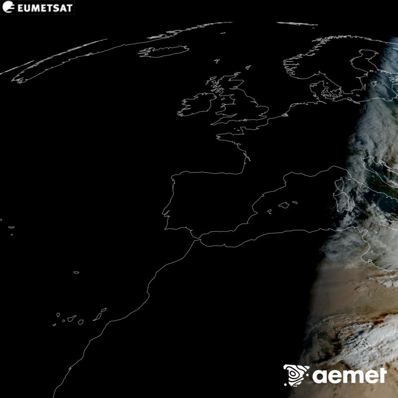 Esta imagen RGB se genera utilizando informaci�n de los canales visibles del sat�lite METEOSAT-12, perteneciente a la tercera generaci�n de sat�lites Meteosat (MTG). Por ese motivo, s�lo hay informaci�n en la zona iluminada por el sol. Nos muestra una imagen con una apariencia muy similar a la que percibir�a el ojo humano desde el espacio. Las horas indicadas se refieren a la pen�nsula (una hora menos en las Islas Canarias).&nbsp;domingo, 25 octubre 2026 a las 07:00