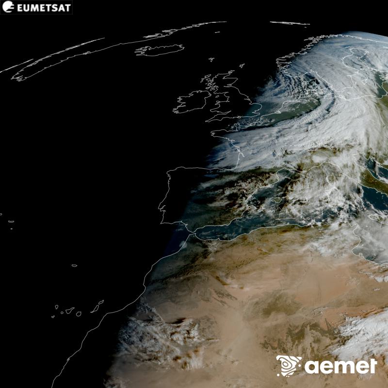 Esta imagen RGB se genera utilizando informaci�n de los canales visibles del sat�lite METEOSAT-12, perteneciente a la tercera generaci�n de sat�lites Meteosat (MTG). Por ese motivo, s�lo hay informaci�n en la zona iluminada por el sol. Nos muestra una imagen con una apariencia muy similar a la que percibir�a el ojo humano desde el espacio. Las horas indicadas se refieren a la pen�nsula (una hora menos en las Islas Canarias).&nbsp;domingo, 25 octubre 2026 a las 08:00