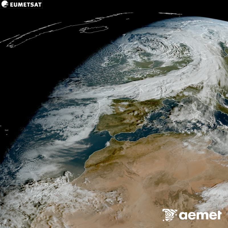 Esta imagen RGB se genera utilizando informaci�n de los canales visibles del sat�lite METEOSAT-12, perteneciente a la tercera generaci�n de sat�lites Meteosat (MTG). Por ese motivo, s�lo hay informaci�n en la zona iluminada por el sol. Nos muestra una imagen con una apariencia muy similar a la que percibir�a el ojo humano desde el espacio. Las horas indicadas se refieren a la pen�nsula (una hora menos en las Islas Canarias).&nbsp;domingo, 25 octubre 2026 a las 09:00
