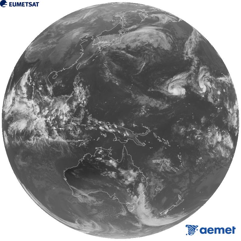 Japoniako Himawari-9 satelite geoegonkorraren kanal infragorriaren irudi globala (10.4 �m uhin-luzera). Ordu horiek penintsulari dagozkio (ordubete gutxiago Kanariar Uharteetan).&nbsp;igandea, 2026ko urriak 25, ordua: 10:00