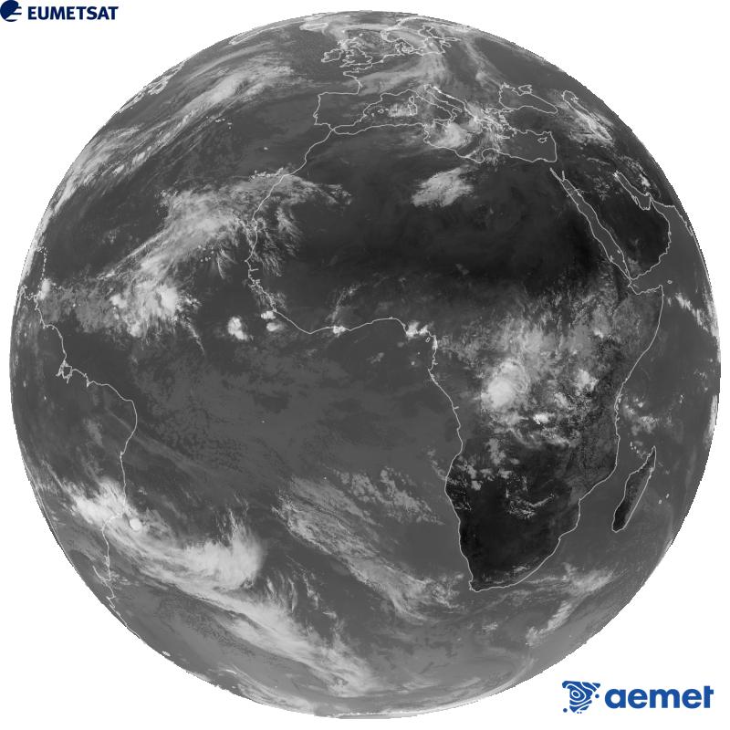 Imagen global del canal infrarrojo (longitud de onda 10.5 �m) del sat�lite geoestacionario europeo Meteosat-12, perteneciente a la tercera generaci�n de sat�lites Meteosat. Las horas indicadas se refieren a la pen�nsula (una hora menos en las Islas Canarias).&nbsp;domingo, 25 octubre 2026 a las 10:00