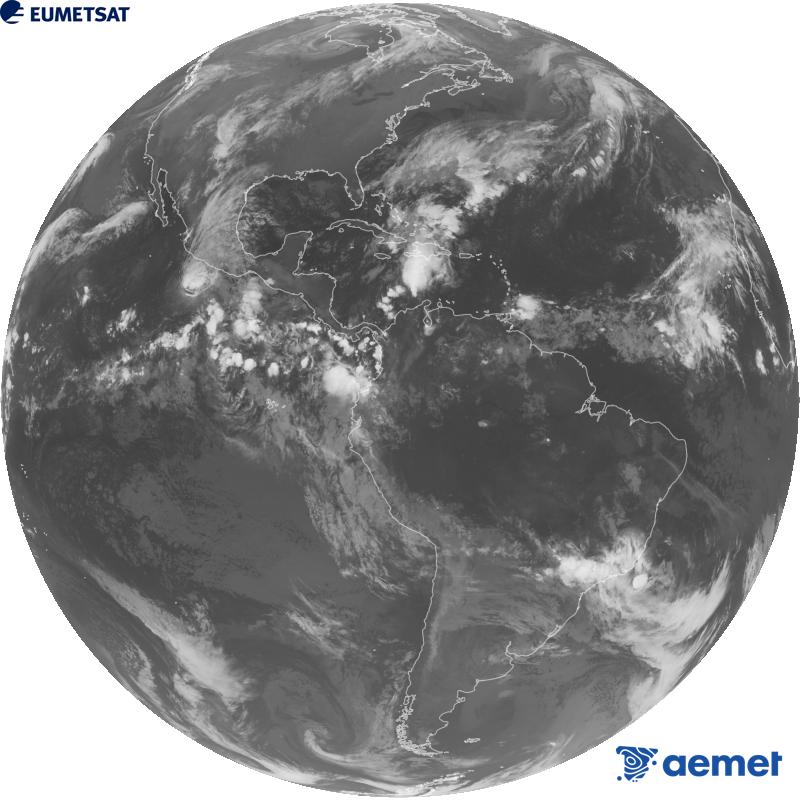 Imatge global del canal infraroig (longitud d'ona 10.3 �m) del sat�l�lit geoestacionari estatunidenc GOES-19. Les hores indicades es referixen a la pen�nsula (una hora menys a les Illes Can�ries).&nbsp;diumenge, 25 d?octubre  2026 10:00