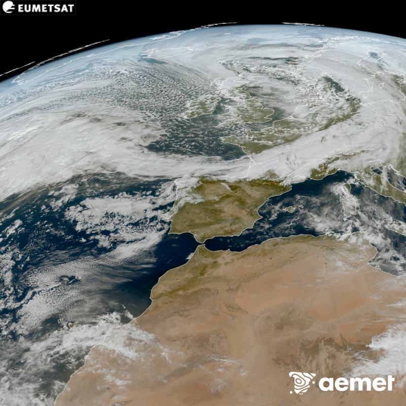 Esta imagen RGB se genera utilizando informaci�n de los canales visibles del sat�lite METEOSAT-12, perteneciente a la tercera generaci�n de sat�lites Meteosat (MTG). Por ese motivo, s�lo hay informaci�n en la zona iluminada por el sol. Nos muestra una imagen con una apariencia muy similar a la que percibir�a el ojo humano desde el espacio. Las horas indicadas se refieren a la pen�nsula (una hora menos en las Islas Canarias).&nbsp;domingo, 25 octubre 2026 a las 12:00