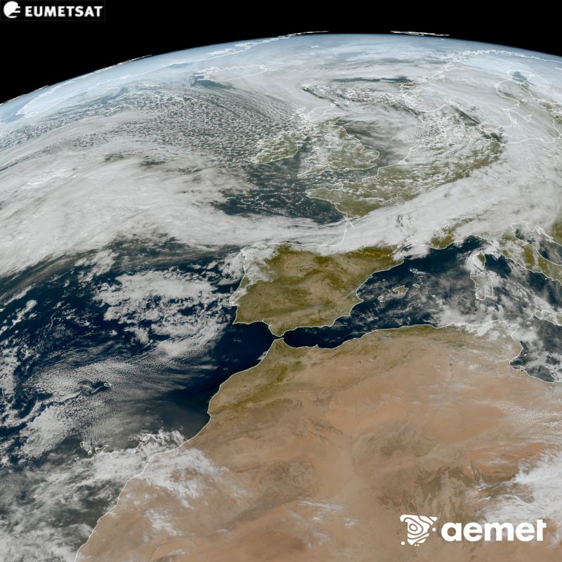 Esta imagen RGB se genera utilizando informaci�n de los canales visibles del sat�lite METEOSAT-12, perteneciente a la tercera generaci�n de sat�lites Meteosat (MTG). Por ese motivo, s�lo hay informaci�n en la zona iluminada por el sol. Nos muestra una imagen con una apariencia muy similar a la que percibir�a el ojo humano desde el espacio. Las horas indicadas se refieren a la pen�nsula (una hora menos en las Islas Canarias).&nbsp;domingo, 25 octubre 2026 a las 13:00