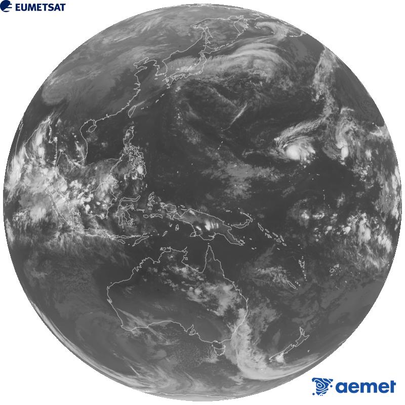 Japoniako Himawari-9 satelite geoegonkorraren kanal infragorriaren irudi globala (10.4 �m uhin-luzera). Ordu horiek penintsulari dagozkio (ordubete gutxiago Kanariar Uharteetan).&nbsp;igandea, 2026ko urriak 25, ordua: 13:00