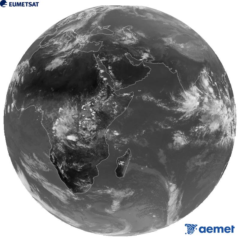 Imatge global del canal infraroig (longitud d'ona 10.8 �m) del sat�l�lit geoestacionari europeu Meteosat-9, pertanyent a la segona generaci� de sat�l�lits Meteosat. Les hores indicades es referixen a la pen�nsula (una hora menys a les Illes Can�ries).&nbsp;diumenge, 25 d?octubre  2026 13:00