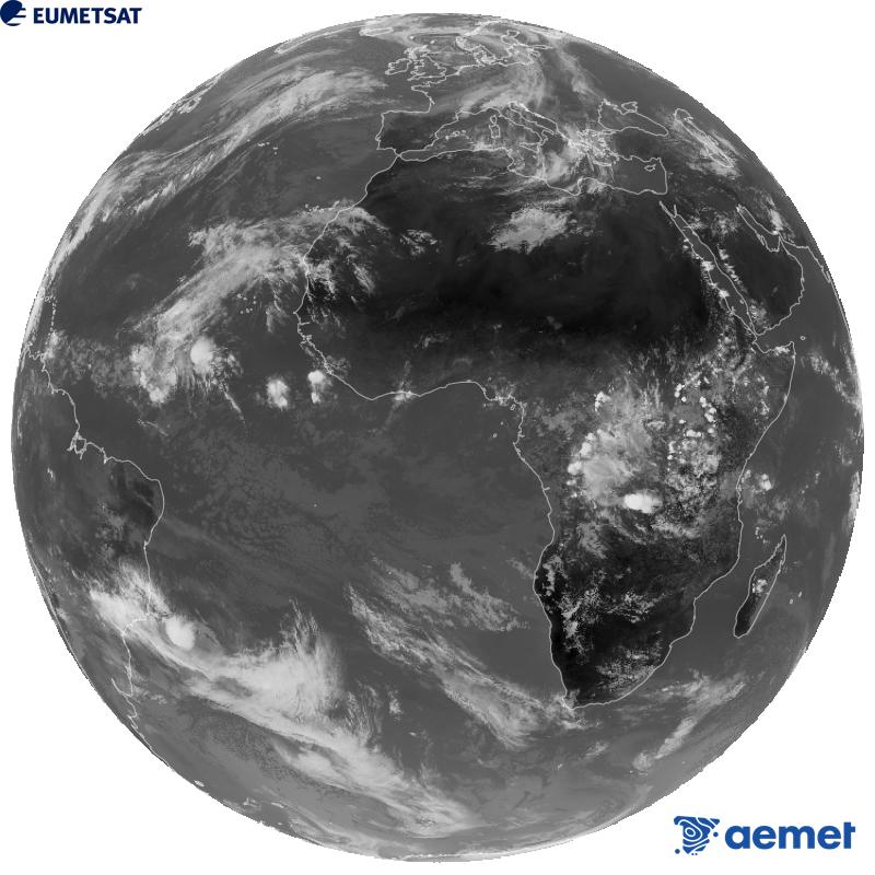Imagen global del canal infrarrojo (longitud de onda 10.5 �m) del sat�lite geoestacionario europeo Meteosat-12, perteneciente a la tercera generaci�n de sat�lites Meteosat. Las horas indicadas se refieren a la pen�nsula (una hora menos en las Islas Canarias).&nbsp;domingo, 25 octubre 2026 a las 13:00