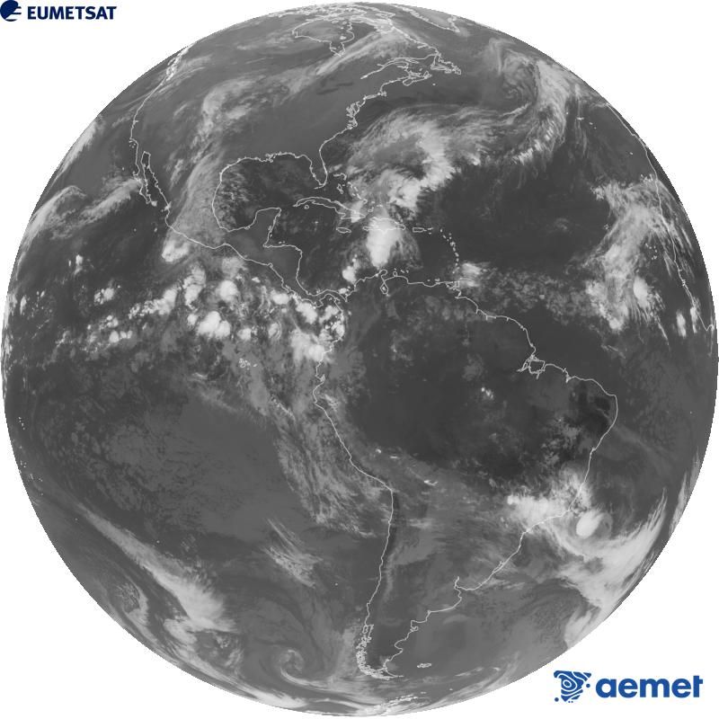 Imatge global del canal infraroig (longitud d'ona 10.3 �m) del sat�l�lit geoestacionari estatunidenc GOES-19. Les hores indicades es referixen a la pen�nsula (una hora menys a les Illes Can�ries).&nbsp;diumenge, 25 d?octubre  2026 13:00