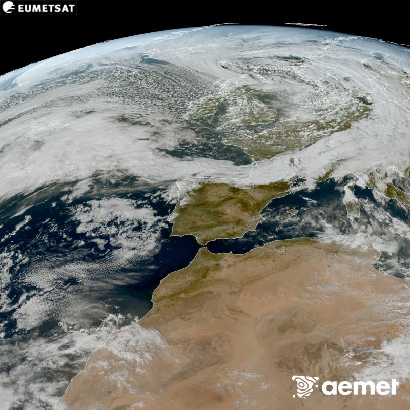 Esta imagen RGB se genera utilizando informaci�n de los canales visibles del sat�lite METEOSAT-12, perteneciente a la tercera generaci�n de sat�lites Meteosat (MTG). Por ese motivo, s�lo hay informaci�n en la zona iluminada por el sol. Nos muestra una imagen con una apariencia muy similar a la que percibir�a el ojo humano desde el espacio. Las horas indicadas se refieren a la pen�nsula (una hora menos en las Islas Canarias).&nbsp;domingo, 25 octubre 2026 a las 14:00