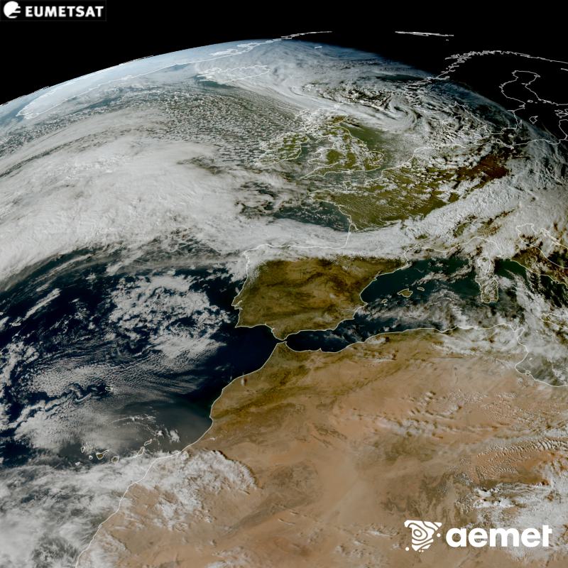 Esta imagen RGB se genera utilizando informaci�n de los canales visibles del sat�lite METEOSAT-12, perteneciente a la tercera generaci�n de sat�lites Meteosat (MTG). Por ese motivo, s�lo hay informaci�n en la zona iluminada por el sol. Nos muestra una imagen con una apariencia muy similar a la que percibir�a el ojo humano desde el espacio. Las horas indicadas se refieren a la pen�nsula (una hora menos en las Islas Canarias).&nbsp;domingo, 25 octubre 2026 a las 16:00