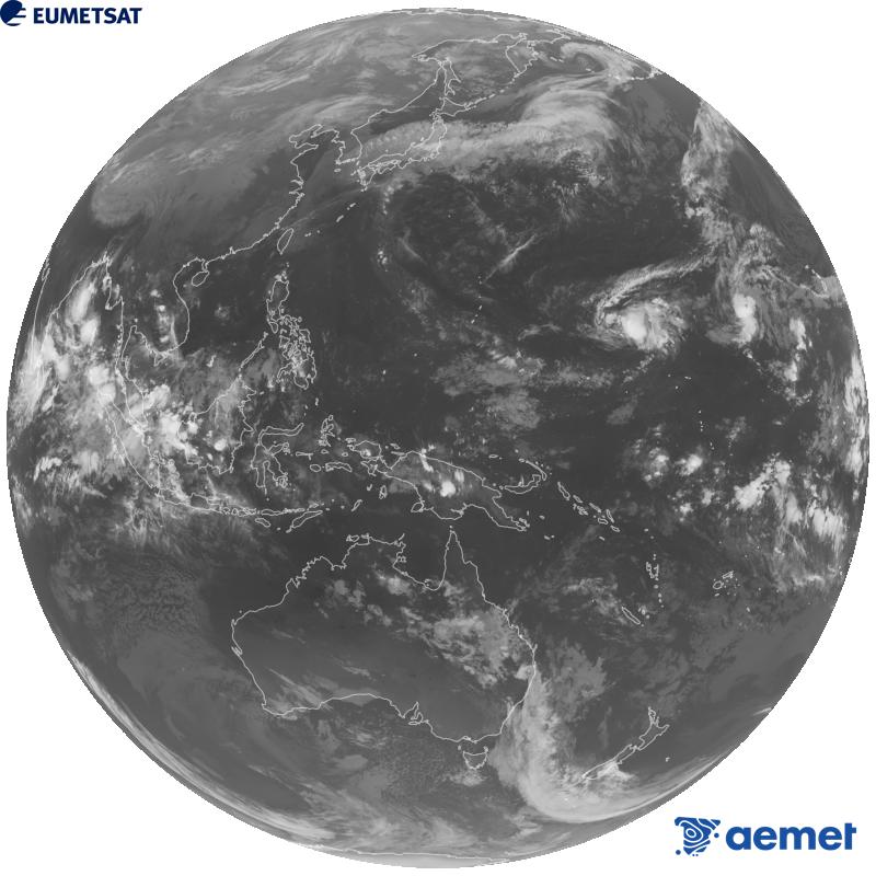 Japoniako Himawari-9 satelite geoegonkorraren kanal infragorriaren irudi globala (10.4 �m uhin-luzera). Ordu horiek penintsulari dagozkio (ordubete gutxiago Kanariar Uharteetan).&nbsp;igandea, 2026ko urriak 25, ordua: 16:00