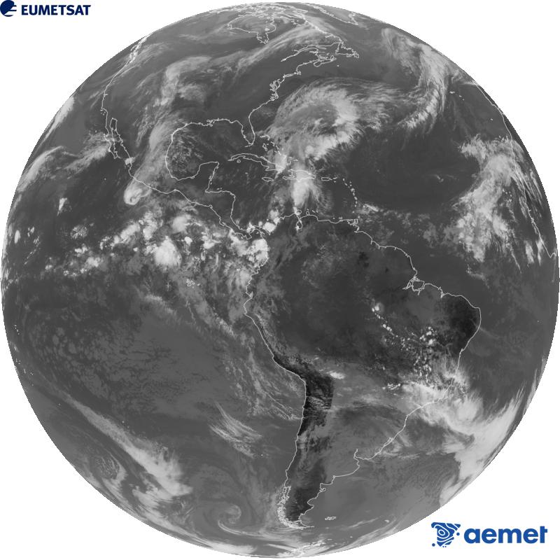 Imatge global del canal infraroig (longitud d'ona 10.3 �m) del sat�l�lit geoestacionari estatunidenc GOES-19. Les hores indicades es referixen a la pen�nsula (una hora menys a les Illes Can�ries).&nbsp;diumenge, 25 d?octubre  2026 16:00