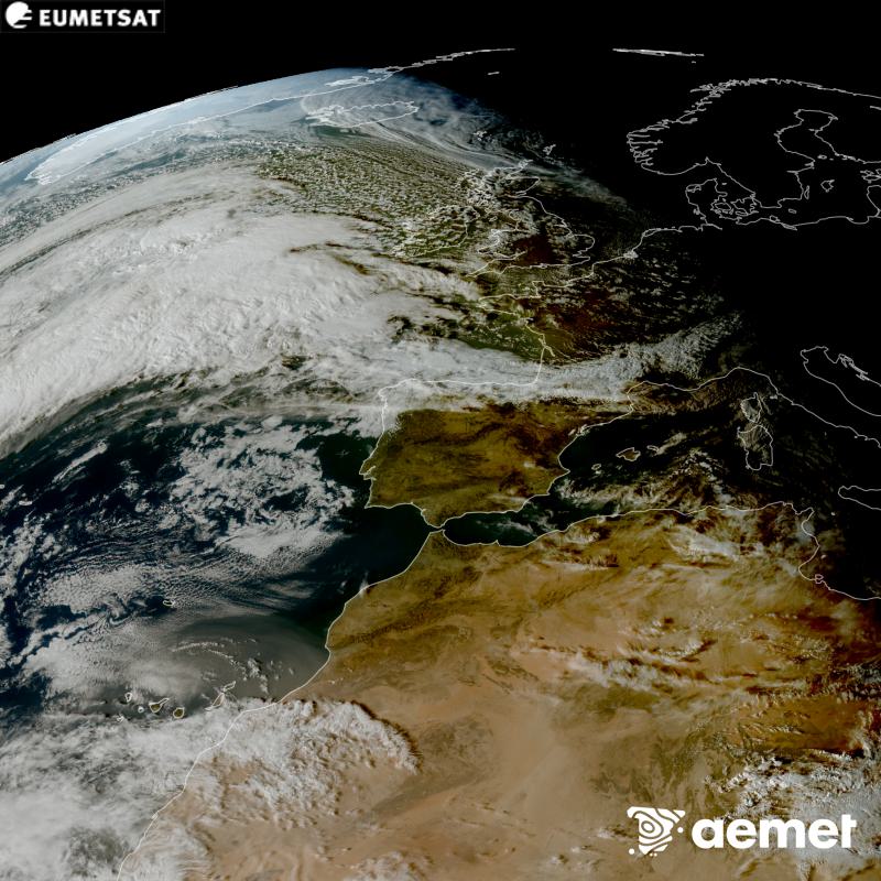 Esta imagen RGB se genera utilizando informaci�n de los canales visibles del sat�lite METEOSAT-12, perteneciente a la tercera generaci�n de sat�lites Meteosat (MTG). Por ese motivo, s�lo hay informaci�n en la zona iluminada por el sol. Nos muestra una imagen con una apariencia muy similar a la que percibir�a el ojo humano desde el espacio. Las horas indicadas se refieren a la pen�nsula (una hora menos en las Islas Canarias).&nbsp;domingo, 25 octubre 2026 a las 17:00