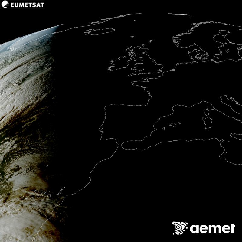 Esta imagen RGB se genera utilizando informaci�n de los canales visibles del sat�lite METEOSAT-12, perteneciente a la tercera generaci�n de sat�lites Meteosat (MTG). Por ese motivo, s�lo hay informaci�n en la zona iluminada por el sol. Nos muestra una imagen con una apariencia muy similar a la que percibir�a el ojo humano desde el espacio. Las horas indicadas se refieren a la pen�nsula (una hora menos en las Islas Canarias).&nbsp;domingo, 25 octubre 2026 a las 19:00