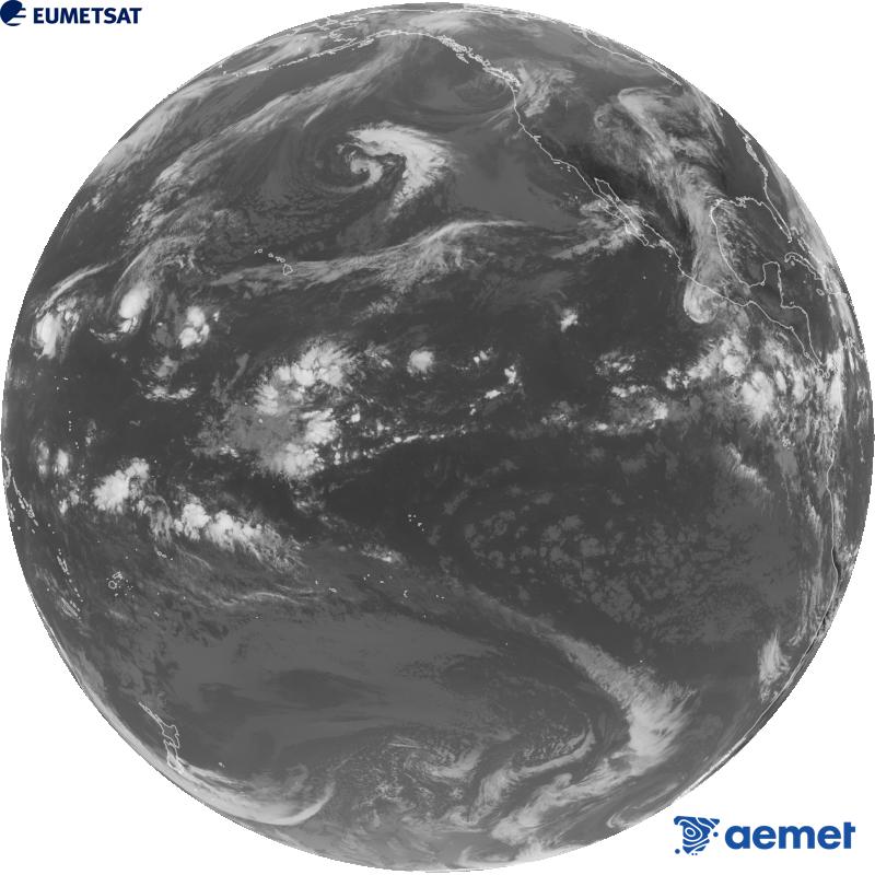 Imatge global del canal infraroig (longitud d'ona 10.3 �m) del sat�l�lit estatunidenc GOES-18. Les hores indicades es referixen a la pen�nsula (una hora menys a les Illes Can�ries).&nbsp;diumenge, 25 d?octubre  2026 19:00