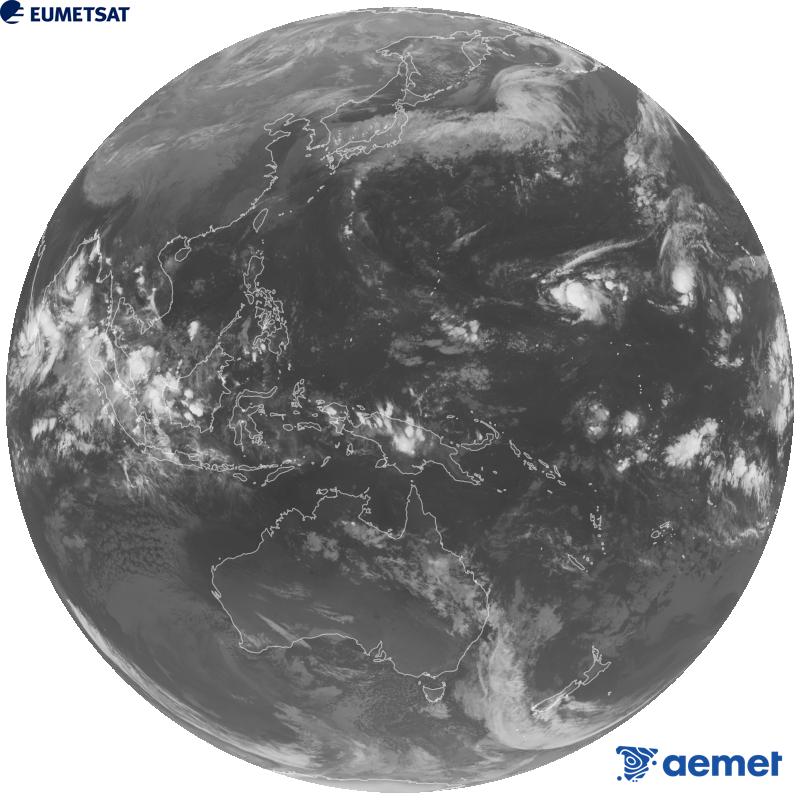 Japoniako Himawari-9 satelite geoegonkorraren kanal infragorriaren irudi globala (10.4 �m uhin-luzera). Ordu horiek penintsulari dagozkio (ordubete gutxiago Kanariar Uharteetan).&nbsp;igandea, 2026ko urriak 25, ordua: 19:00