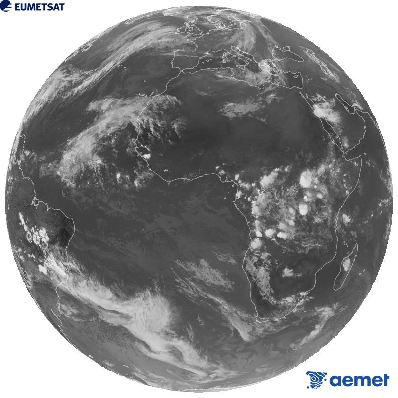Imagen global del canal infrarrojo (longitud de onda 10.5 �m) del sat�lite geoestacionario europeo Meteosat-12, perteneciente a la tercera generaci�n de sat�lites Meteosat. Las horas indicadas se refieren a la pen�nsula (una hora menos en las Islas Canarias).&nbsp;domingo, 25 octubre 2026 a las 19:00