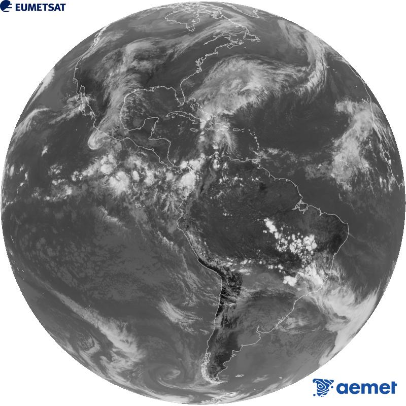 Imatge global del canal infraroig (longitud d'ona 10.3 �m) del sat�l�lit geoestacionari estatunidenc GOES-19. Les hores indicades es referixen a la pen�nsula (una hora menys a les Illes Can�ries).&nbsp;diumenge, 25 d?octubre  2026 19:00