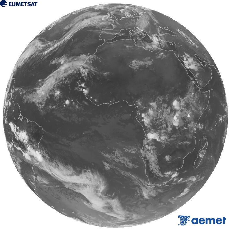 Imagen global del canal infrarrojo (longitud de onda 10.5 �m) del sat�lite geoestacionario europeo Meteosat-12, perteneciente a la tercera generaci�n de sat�lites Meteosat. Las horas indicadas se refieren a la pen�nsula (una hora menos en las Islas Canarias).&nbsp;domingo, 25 octubre 2026 a las 22:00