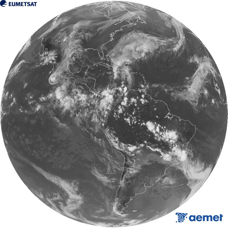 Imatge global del canal infraroig (longitud d'ona 10.3 �m) del sat�l�lit geoestacionari estatunidenc GOES-19. Les hores indicades es referixen a la pen�nsula (una hora menys a les Illes Can�ries).&nbsp;diumenge, 25 d?octubre  2026 22:00