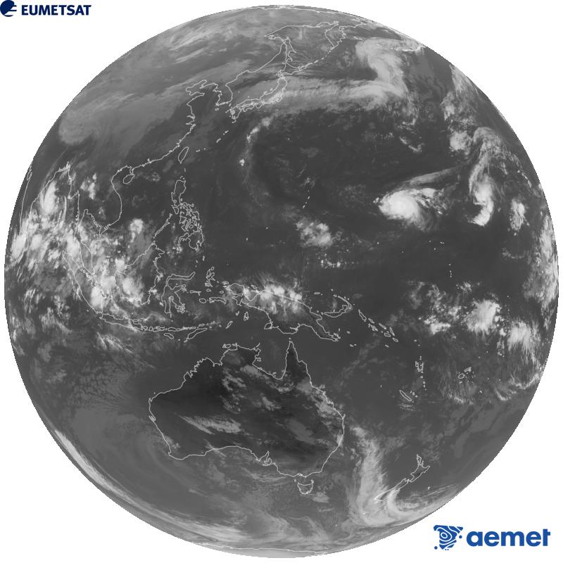 Japoniako Himawari-9 satelite geoegonkorraren kanal infragorriaren irudi globala (10.4 �m uhin-luzera). Ordu horiek penintsulari dagozkio (ordubete gutxiago Kanariar Uharteetan).&nbsp;astelehena, 2026ko urriak 26, ordua: 01:00