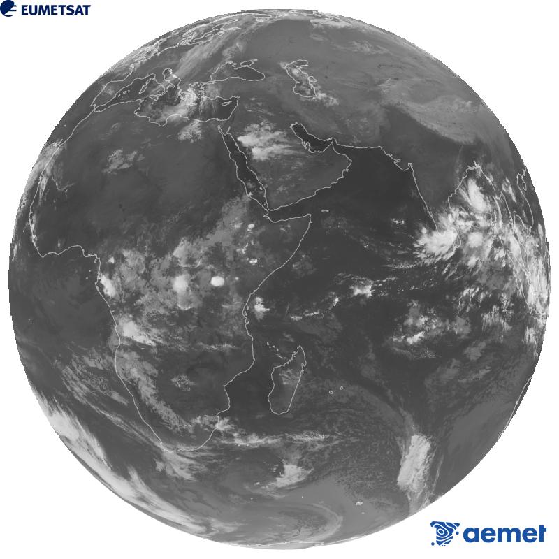 Imatge global del canal infraroig (longitud d'ona 10.8 �m) del sat�l�lit geoestacionari europeu Meteosat-9, pertanyent a la segona generaci� de sat�l�lits Meteosat. Les hores indicades es referixen a la pen�nsula (una hora menys a les Illes Can�ries).&nbsp;dilluns, 26 d?octubre  2026 01:00