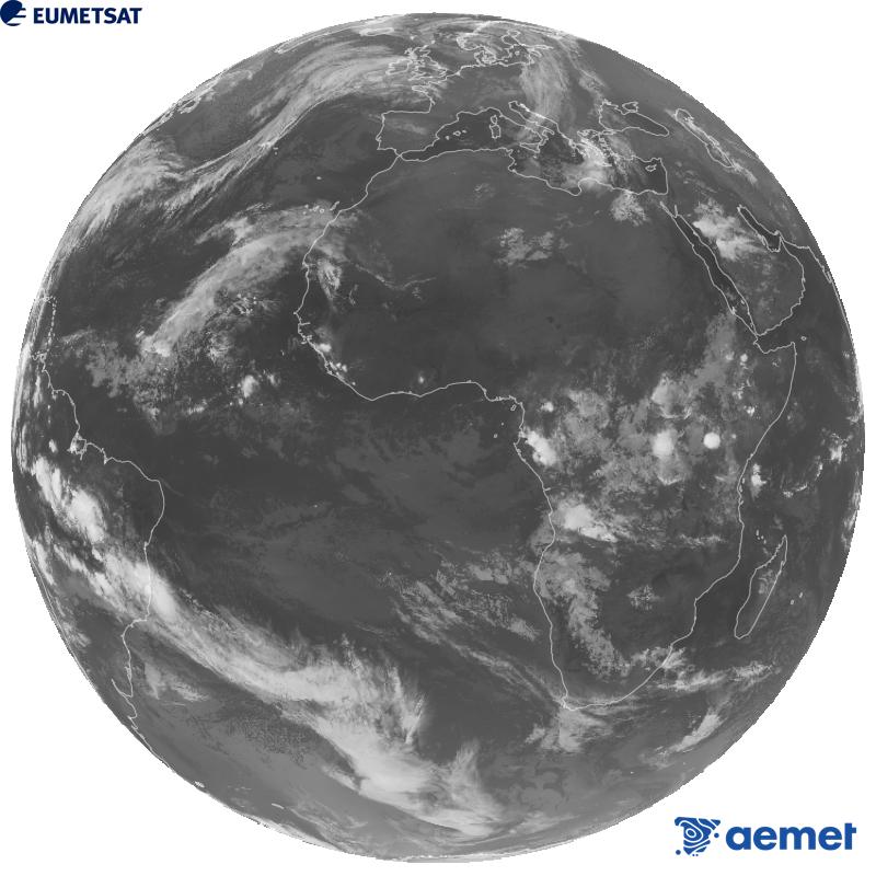 Imagen global del canal infrarrojo (longitud de onda 10.5 �m) del sat�lite geoestacionario europeo Meteosat-12, perteneciente a la tercera generaci�n de sat�lites Meteosat. Las horas indicadas se refieren a la pen�nsula (una hora menos en las Islas Canarias).&nbsp;lunes, 26 octubre 2026 a las 01:00