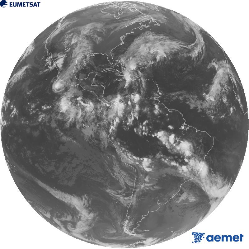 Imatge global del canal infraroig (longitud d'ona 10.3 �m) del sat�l�lit geoestacionari estatunidenc GOES-19. Les hores indicades es referixen a la pen�nsula (una hora menys a les Illes Can�ries).&nbsp;dilluns, 26 d?octubre  2026 01:00