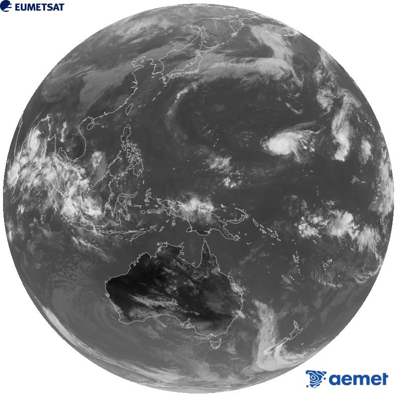 Japoniako Himawari-9 satelite geoegonkorraren kanal infragorriaren irudi globala (10.4 �m uhin-luzera). Ordu horiek penintsulari dagozkio (ordubete gutxiago Kanariar Uharteetan).&nbsp;astelehena, 2026ko urriak 26, ordua: 04:00