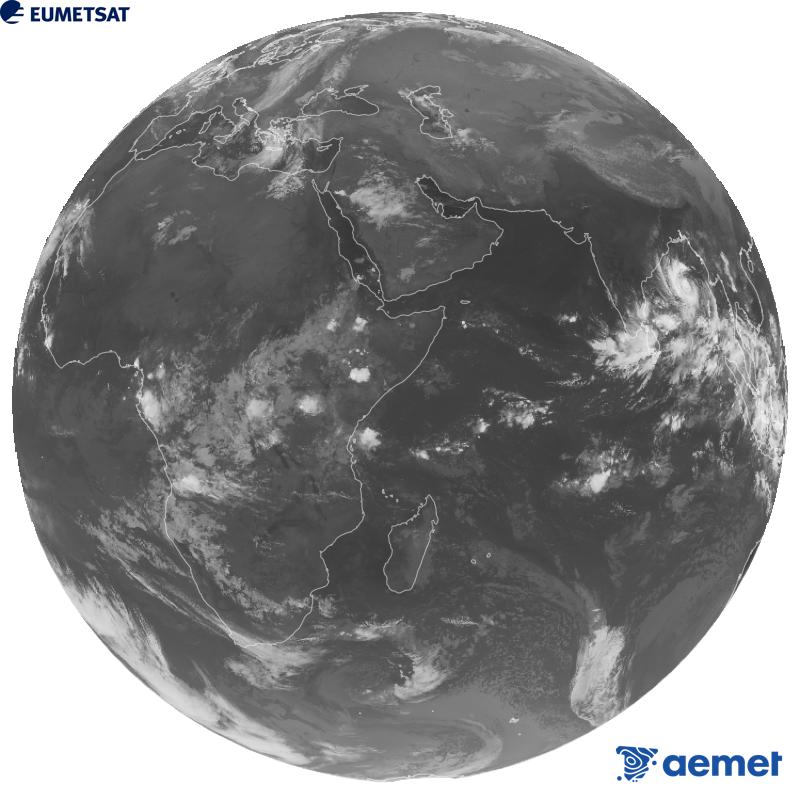 Imatge global del canal infraroig (longitud d'ona 10.8 �m) del sat�l�lit geoestacionari europeu Meteosat-9, pertanyent a la segona generaci� de sat�l�lits Meteosat. Les hores indicades es referixen a la pen�nsula (una hora menys a les Illes Can�ries).&nbsp;dilluns, 26 d?octubre  2026 04:00