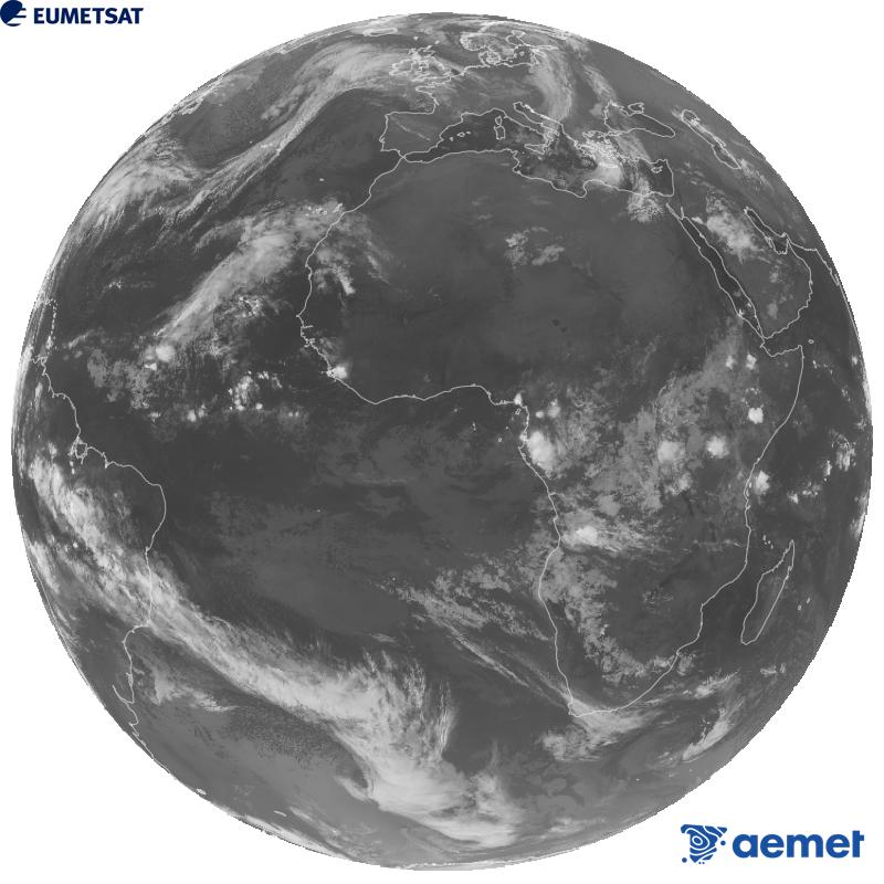 Imagen global del canal infrarrojo (longitud de onda 10.5 �m) del sat�lite geoestacionario europeo Meteosat-12, perteneciente a la tercera generaci�n de sat�lites Meteosat. Las horas indicadas se refieren a la pen�nsula (una hora menos en las Islas Canarias).&nbsp;lunes, 26 octubre 2026 a las 04:00