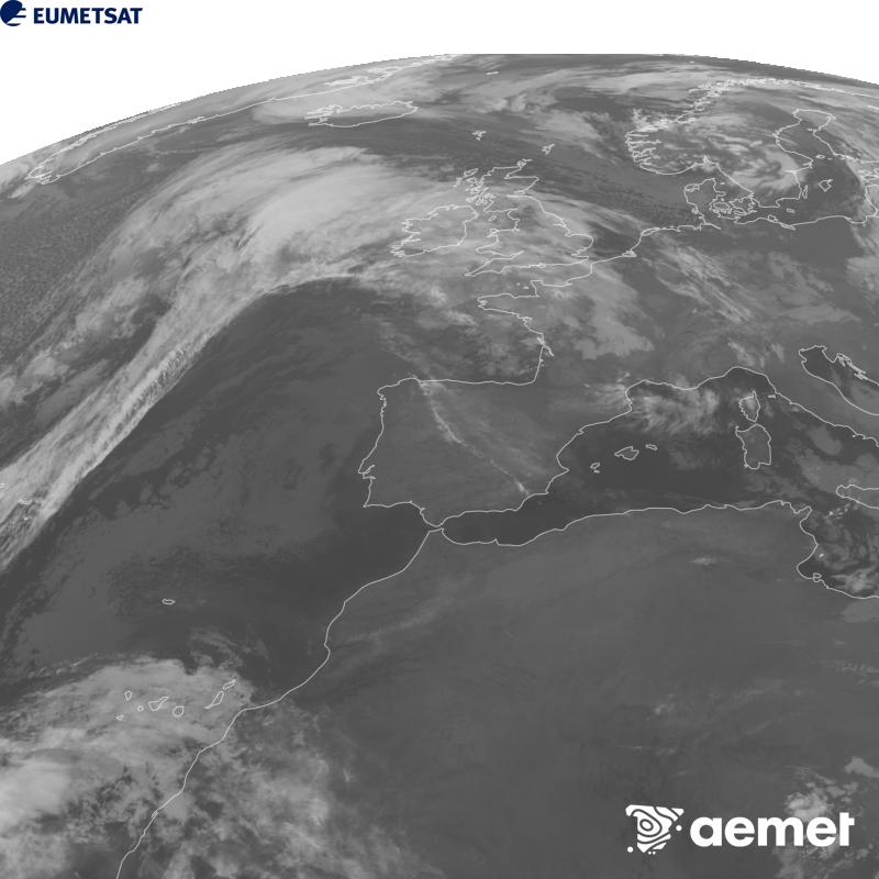 Irudi hau METEOSAT-12 satelitearen 10.5 �m Infragorri kanaleko informazioa erabiliz sortzen da, Meteosat (MTG) sateliteen hirugarren belaunaldikoa. Irudiak giza begiaren pertzepzioaren antz handiagoa izan dezan, grisen eskala alderantzizkoa da. Ordu horiek penintsulari dagozkio (ordubete gutxiago Kanariar Uharteetan).&nbsp;astelehena, 2026ko urriak 26, ordua: 06:00