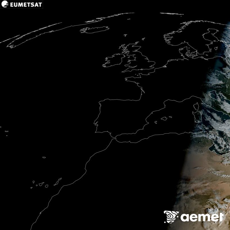 RGB irudi hori METEOSAT-12 satelitearen kanal ikusgarrien informazioa erabiliz sortzen da, Meteosat (MTG) sateliteen hirugarren belaunaldikoa. Horregatik, eguzkiak argiztatzen duen eremuan baino ez dago informaziorik. Espaziotik giza begiak ikusiko lukeenaren oso antzeko itxura duen irudi bat erakusten digu. Ordu horiek penintsulari dagozkio (ordubete gutxiago Kanariar Uharteetan).&nbsp;astelehena, 2026ko urriak 26, ordua: 07:00