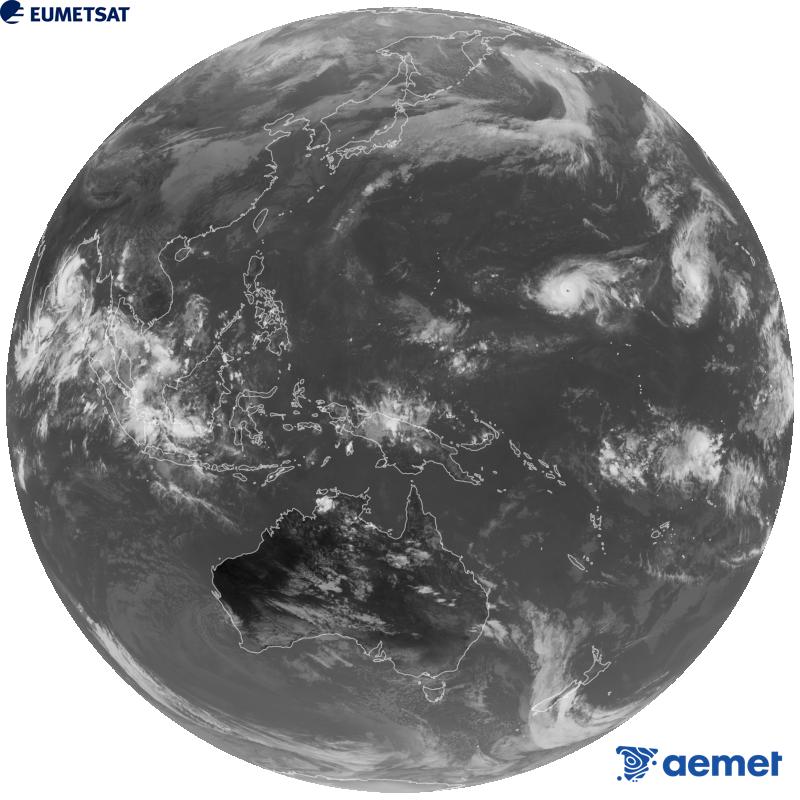 Japoniako Himawari-9 satelite geoegonkorraren kanal infragorriaren irudi globala (10.4 �m uhin-luzera). Ordu horiek penintsulari dagozkio (ordubete gutxiago Kanariar Uharteetan).&nbsp;astelehena, 2026ko urriak 26, ordua: 07:00