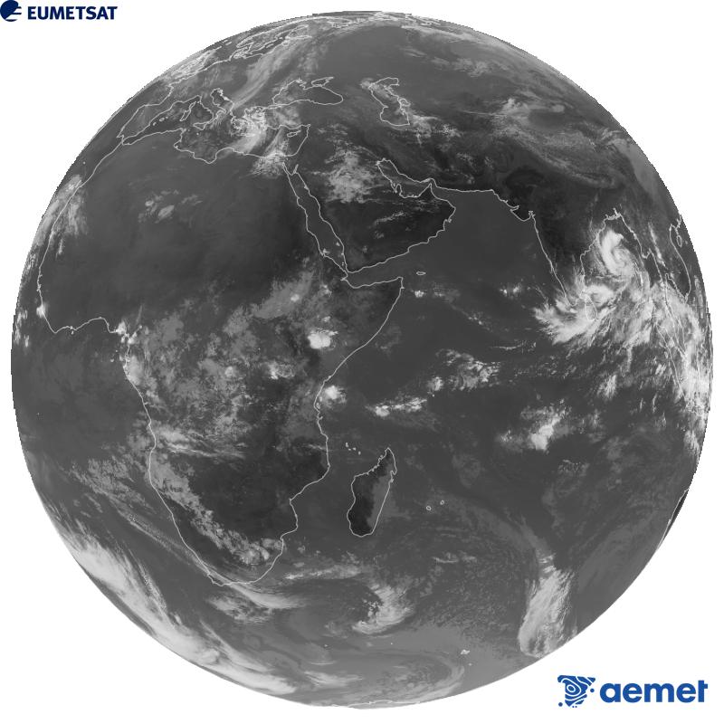 Imatge global del canal infraroig (longitud d'ona 10.8 �m) del sat�l�lit geoestacionari europeu Meteosat-9, pertanyent a la segona generaci� de sat�l�lits Meteosat. Les hores indicades es referixen a la pen�nsula (una hora menys a les Illes Can�ries).&nbsp;dilluns, 26 d?octubre  2026 07:00